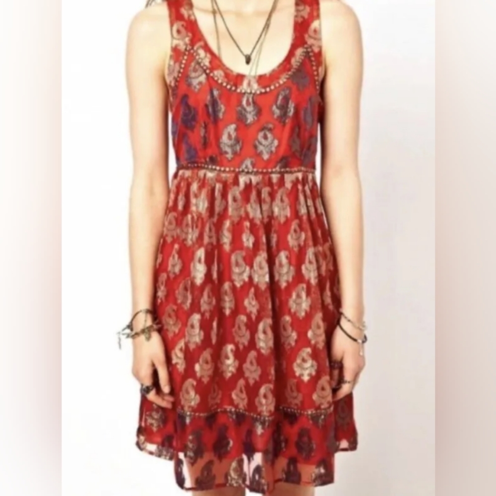 Free People Red Gold Metallic Studded Paisley Party Dress
